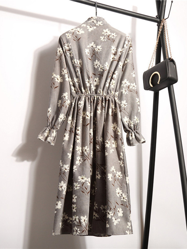 Apricot Women Stand Collar Long Sleeve Dress