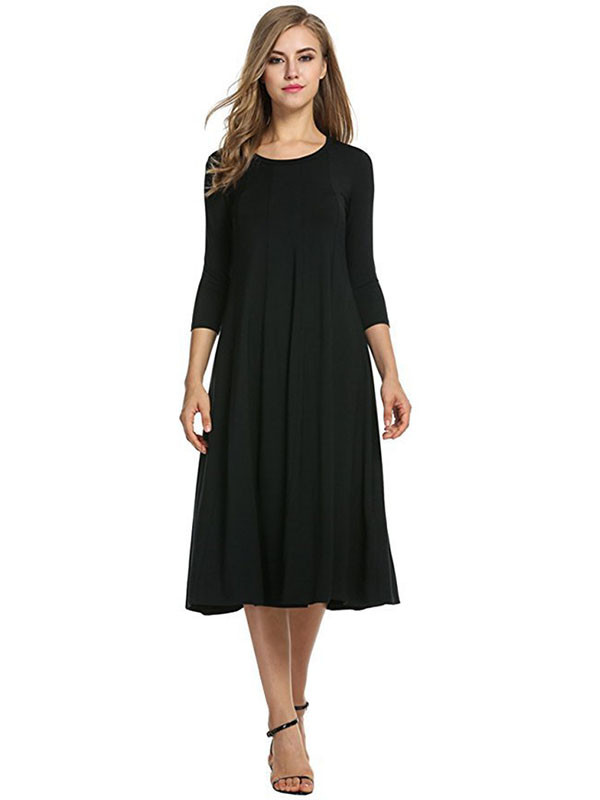 Black A-Line and Flare Midi Long Dress