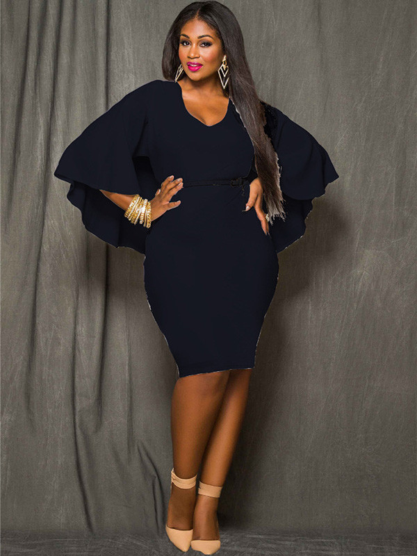 Black L-3XL Bat Sleeves Plus Size Dress