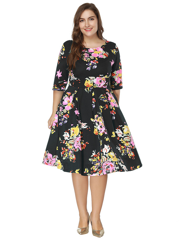 Black Long Sleeve Floral Printed Plus Size Dress