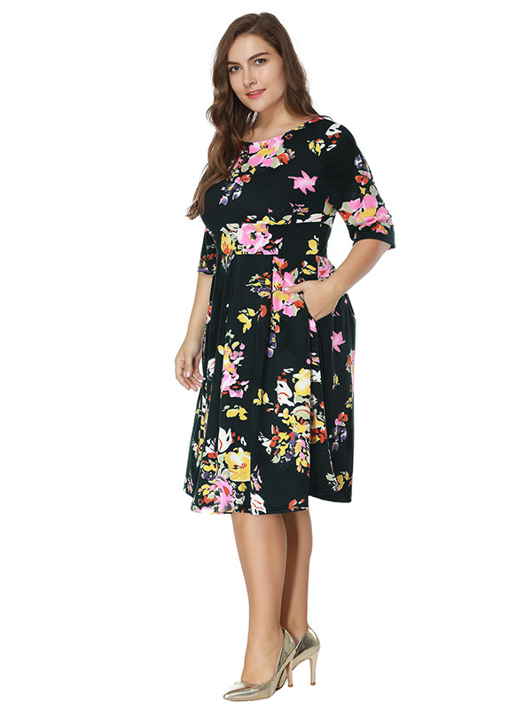 Black Long Sleeve Floral Printed Plus Size Dress