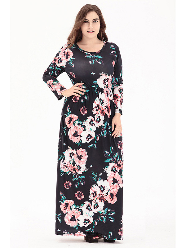 Black Long Sleeve Plus Size Floral Maxi Dress