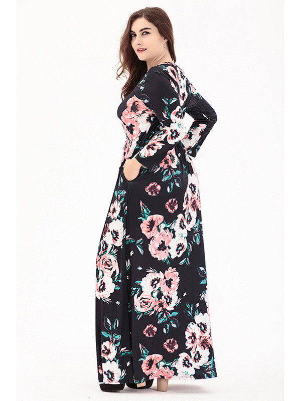 Black Long Sleeve Plus Size Floral Maxi Dress