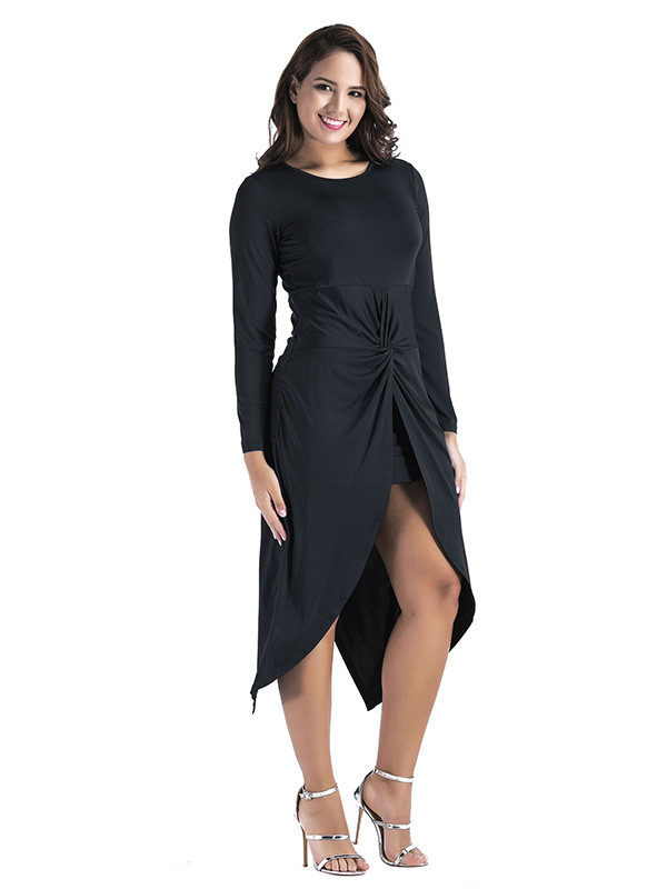 Black M-3XL Long Sleeve Irregular Slit Dress
