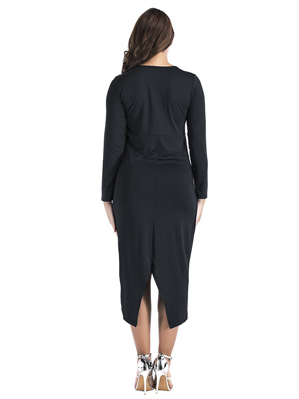 Black M-3XL Long Sleeve Irregular Slit Dress