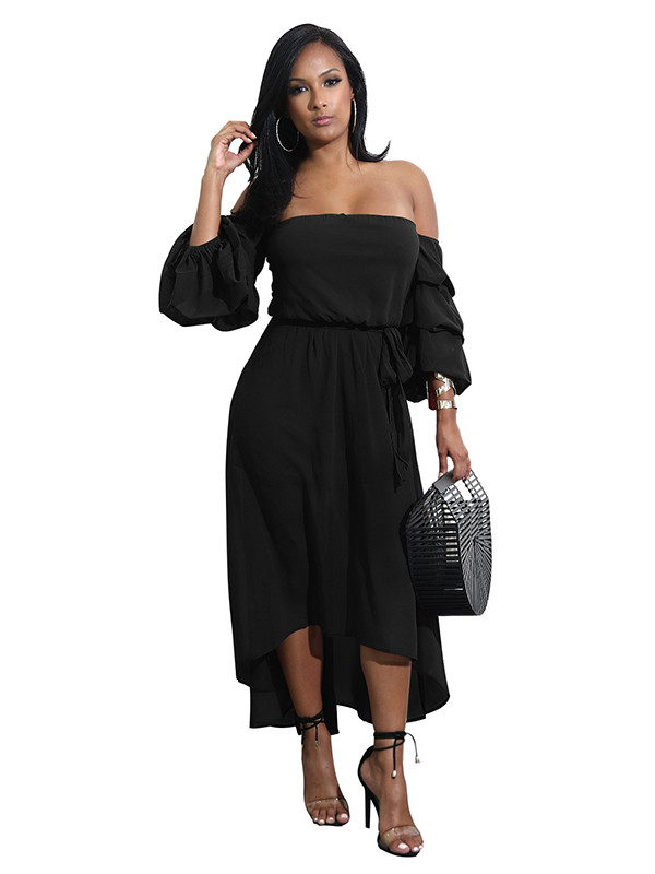 Black Off Shoulder Asymmetric Hem Dress 