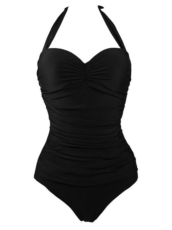 Black One Piece Halter Slim Fit Swimsuit