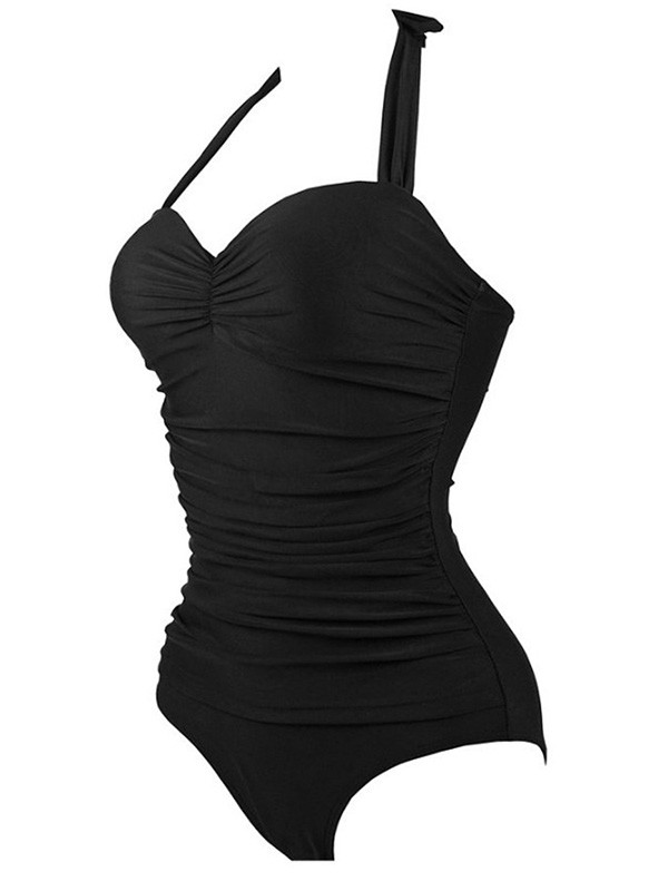 Black One Piece Halter Slim Fit Swimsuit