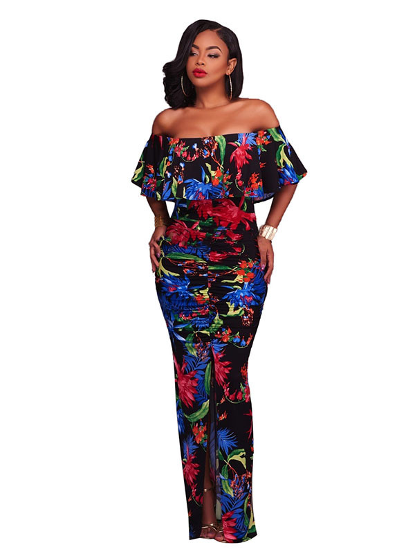 Black S-XL Off Shoulder Slit Printed Maxi Dress