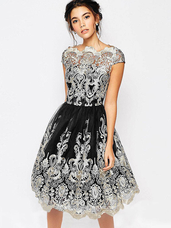 Black S-XL Short Sleeve Printed Lace Dress