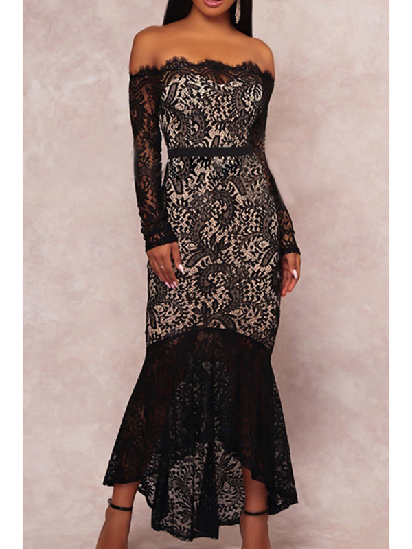 Black See-Through Lace Ankle Length Dress