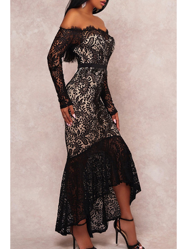 Black See-Through Lace Ankle Length Dress