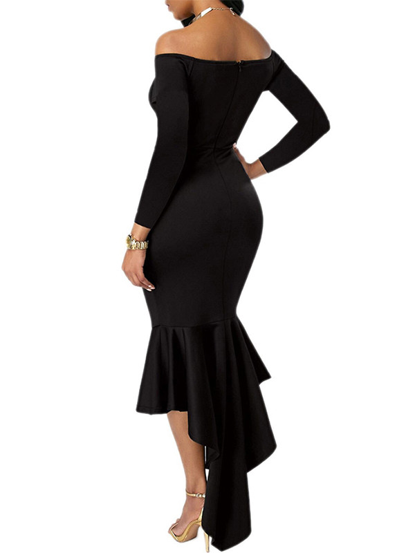 Black Sexy Bateau Neck Dovetail Shape Dress