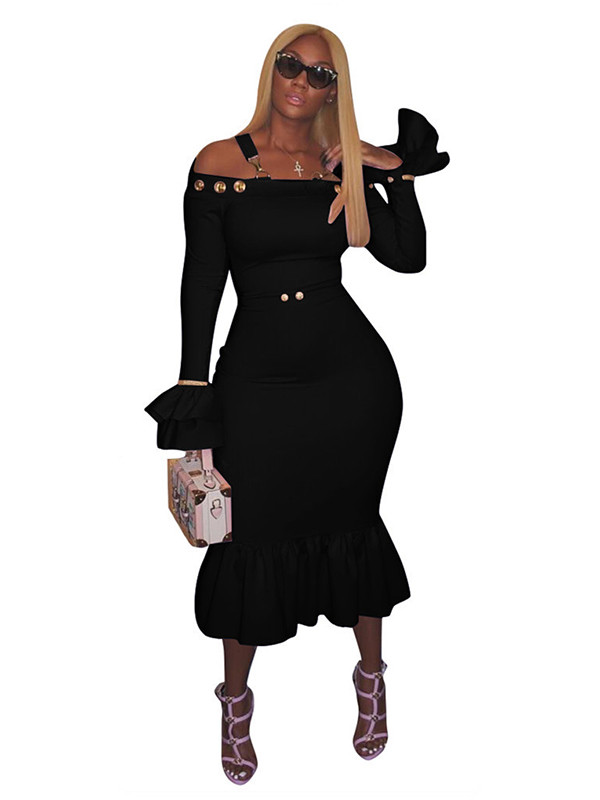 Black Sexy Bateau Neck Falbala Design Dress