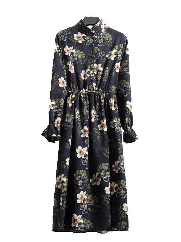 Black Women Stand Collar Long Sleeve Dress