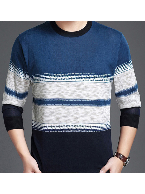 Blue Round Neck Striped Printed T-Shirt