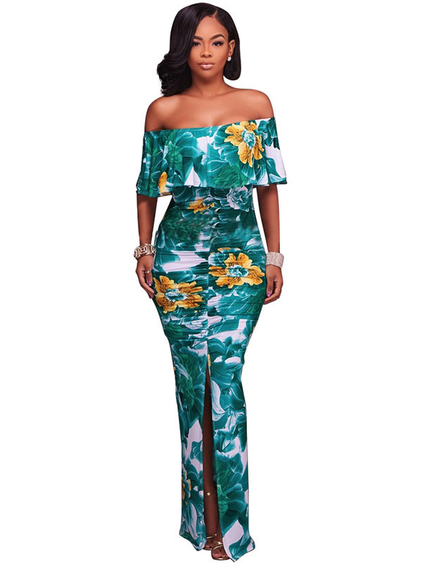 Blue S-XL Off Shoulder Slit Printed Maxi Dress