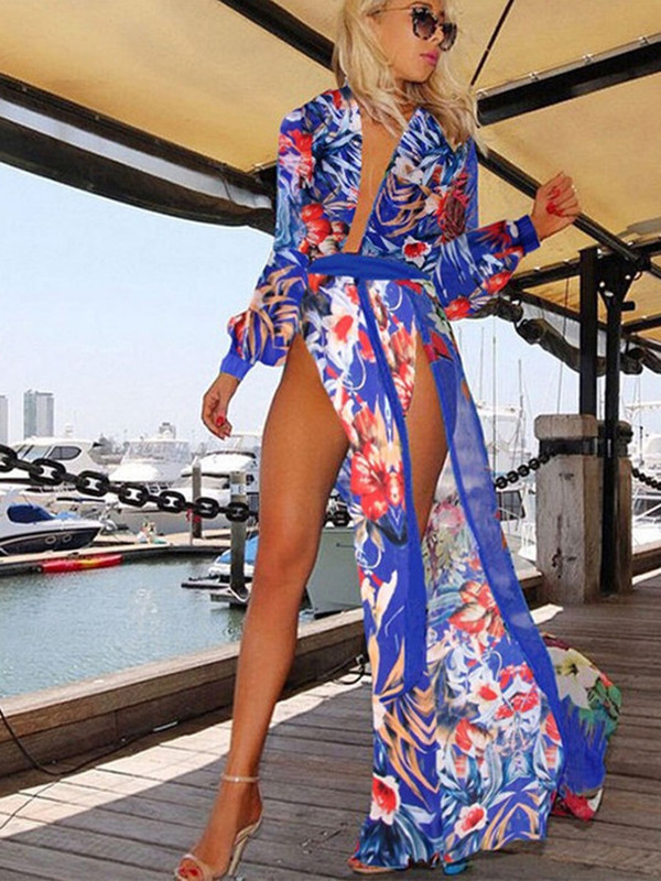 Blue S-XXL Sexy Side Split Maxi Dress