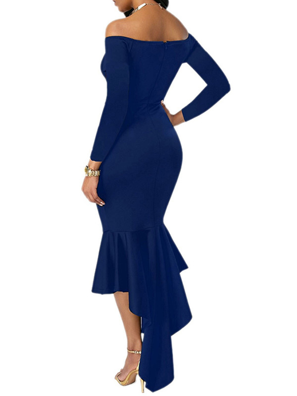 Blue Sexy Bateau Neck Dovetail Shape Dress