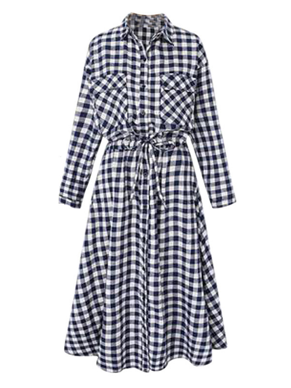 Blue Women Long Sleeve Plaids Casual Dress
