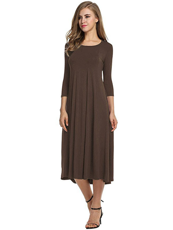 Brown A-Line and Flare Midi Long Dress