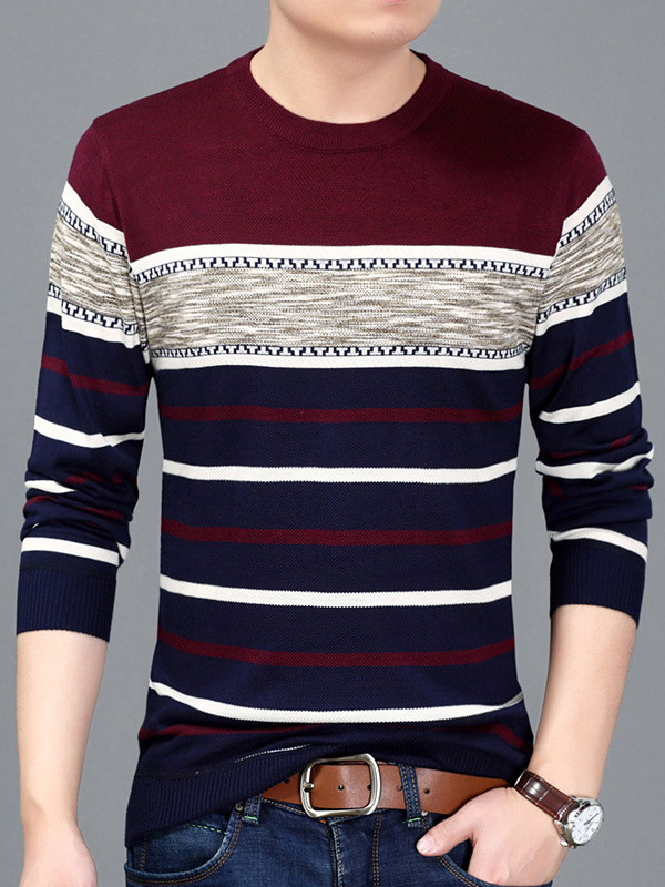 Brown Round Neck Striped Printed T-Shirt