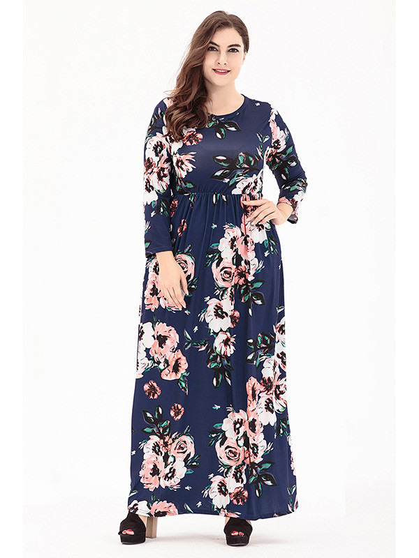 Dark Blue Long Sleeve Plus Size Floral Dress