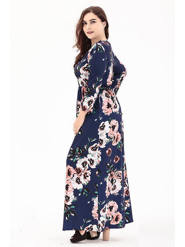 Dark Blue Long Sleeve Plus Size Floral Dress