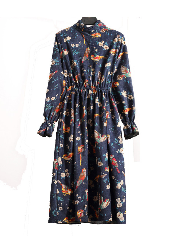 Dark Blue Stand Collar Long Sleeve Dress