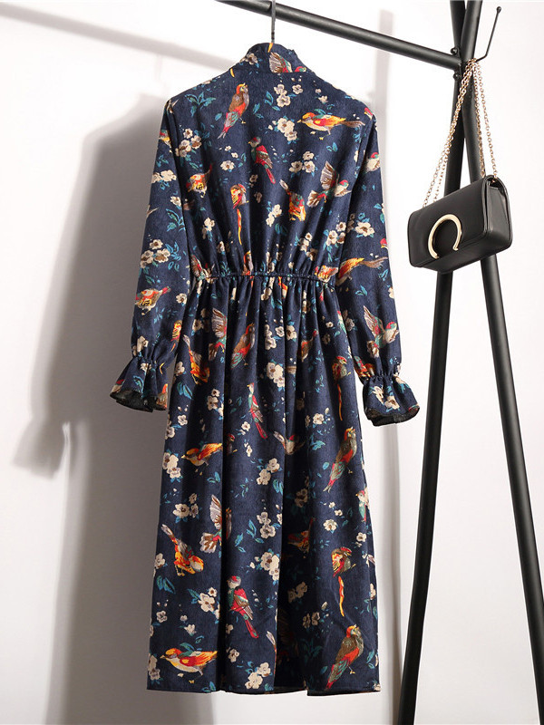 Dark Blue Stand Collar Long Sleeve Dress