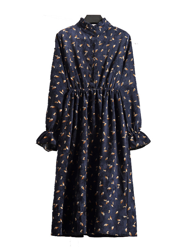 Dark Blue Stand Collar Long Sleeve Dress