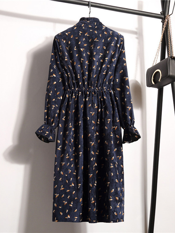 Dark Blue Stand Collar Long Sleeve Dress