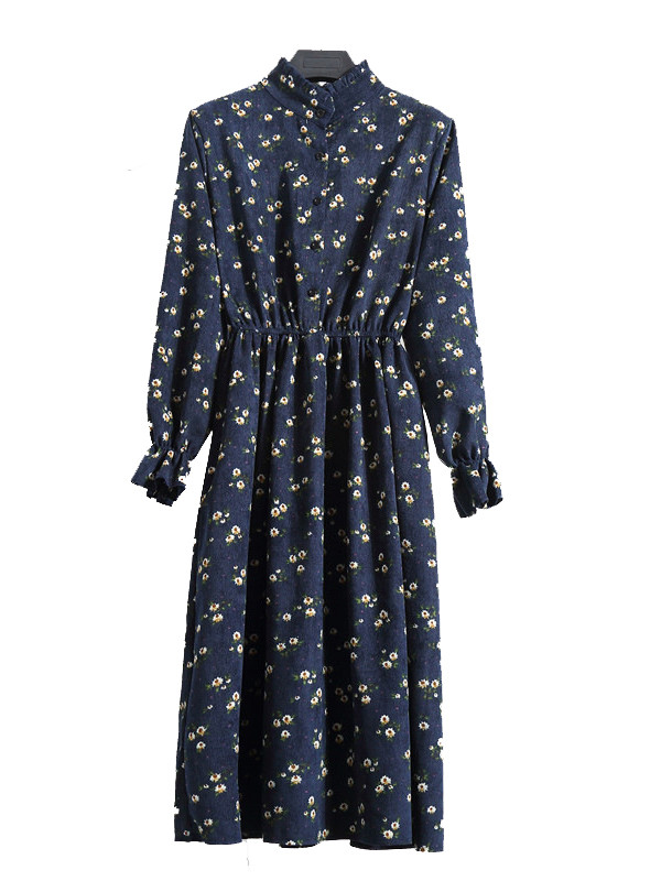 Dark Blue Stand Collar Long Sleeve Dress