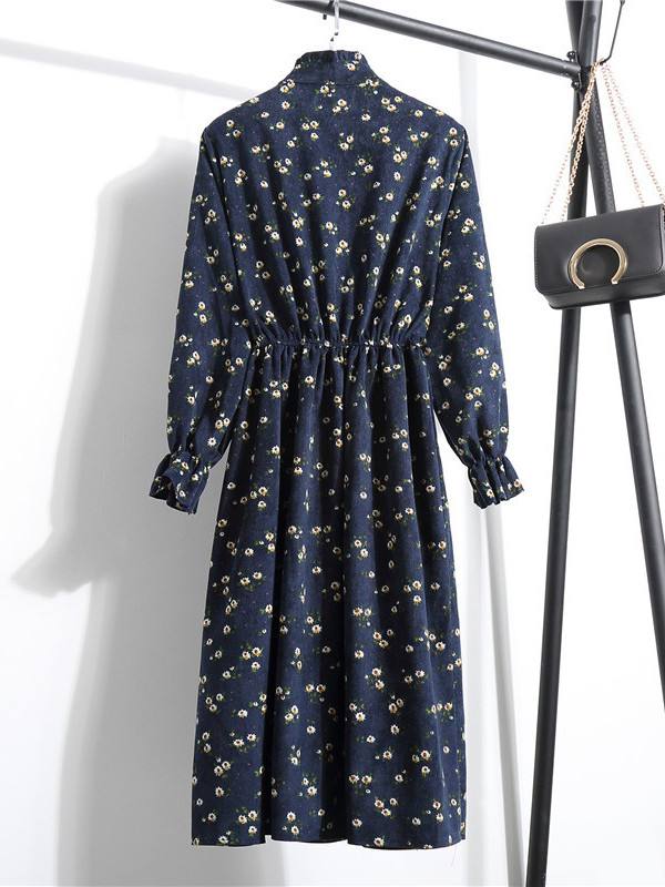 Dark Blue Stand Collar Long Sleeve Dress