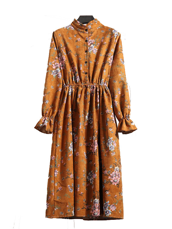 Dark Orange Women Stand Collar Long Sleeve Dress