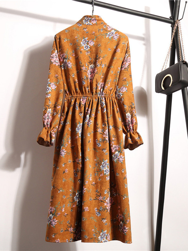 Dark Orange Women Stand Collar Long Sleeve Dress