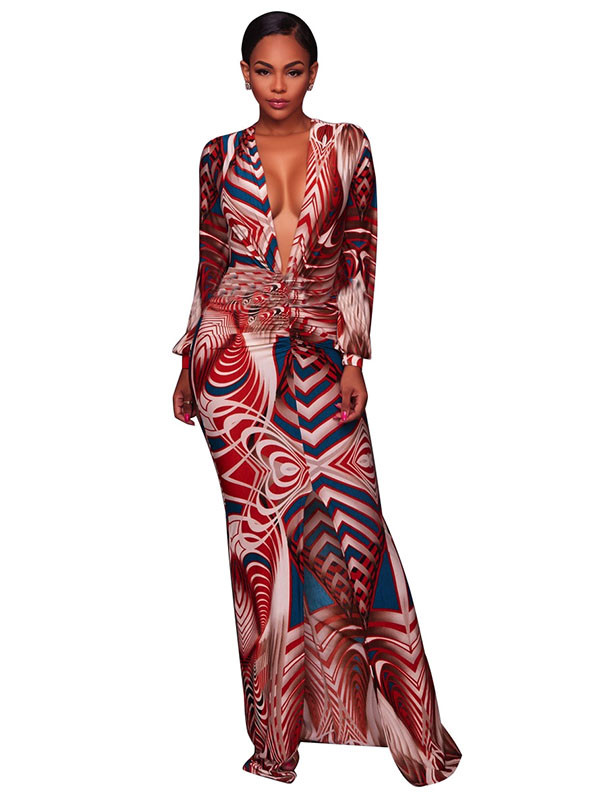 Dark Yellow S-3XL V Neck Printed Ankle Length Dress