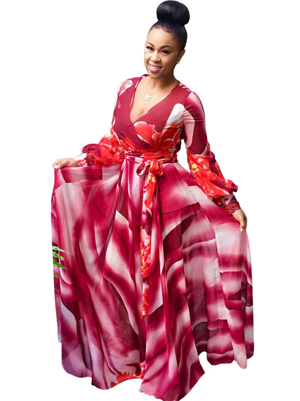 Euramerican V Neck  Digital Printing Red Twilled Satin Maxi Dress