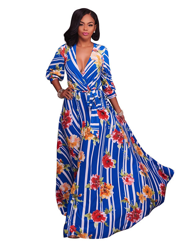 Euramerican V Neck Half Sleeves Floral Print Cotton Maxi Dress