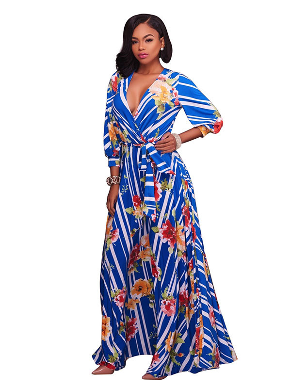 Euramerican V Neck Half Sleeves Floral Print Cotton Maxi Dress
