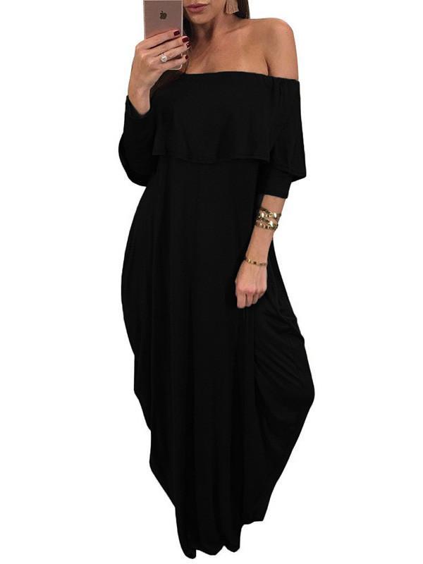 Fashion Dew Shoulder Falbala Design Black Maxi Dress