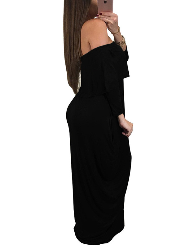 Fashion Dew Shoulder Falbala Design Black Maxi Dress