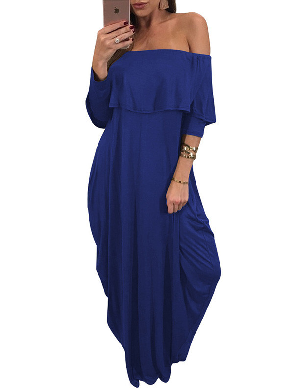 Fashion Dew Shoulder Falbala Design Blue Maxi Dress