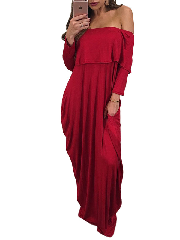 Fashion Dew Shoulder Falbala Design Red Maxi Dress