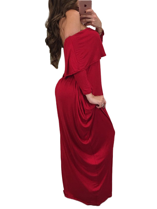Fashion Dew Shoulder Falbala Design Red Maxi Dress