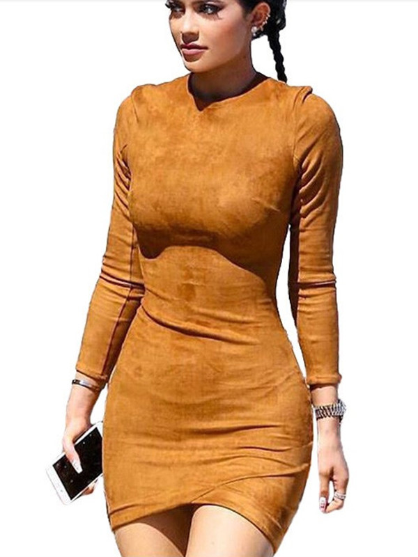 Fashion O Neck Long Sleeves Brown Sheath Mini Dress