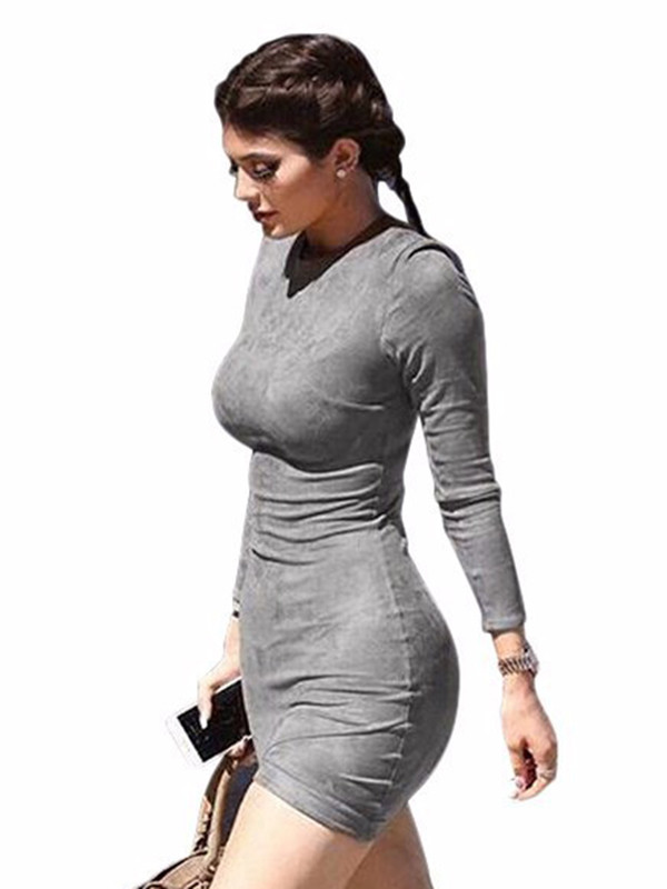 Fashion O Neck Long Sleeves Grey Sheath Mini Dress