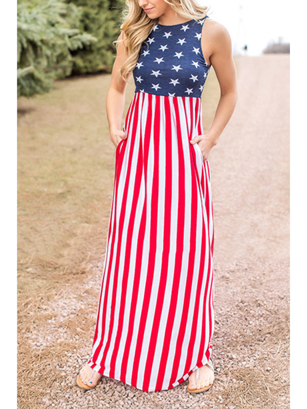 Fashion Round Neck Sleeveless Printed Maxi Dress 