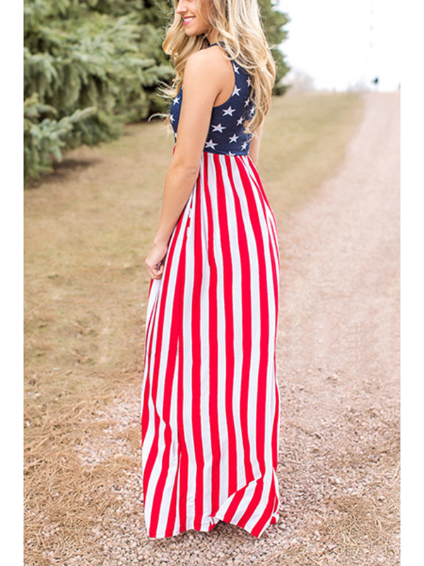 Fashion Round Neck Sleeveless Printed Maxi Dress 