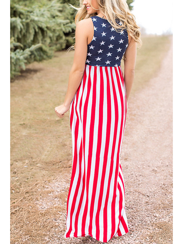 Fashion Round Neck Sleeveless Printed Maxi Dress 